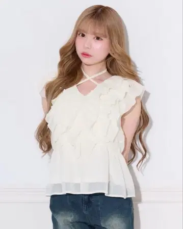 Apresjour 크로스 리본 페플럼 프릴 블라우스 화이트