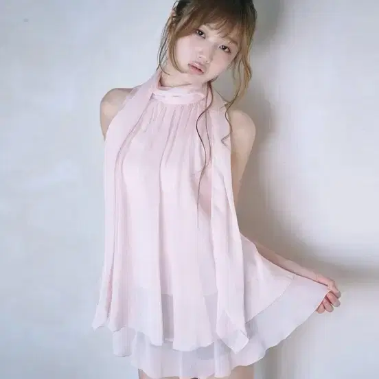 레이즈미야 유이 러플 블라우스 리본 쉬폰 원피스 스나계 민소매
