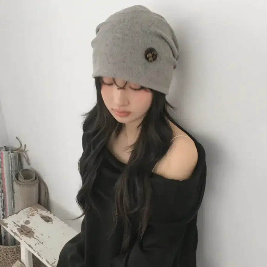 코이 우드 단추 셔링 데일리 메쉬 비니 모자 그레이