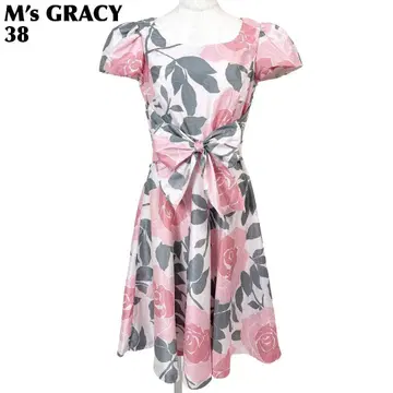 [새상품급] M's GRACY 반팔 원피스 허리 리본 38 옅은 핑크 꽃무늬