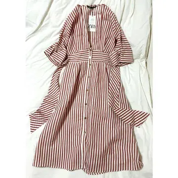 새상품 ZARA 자라 린넨 블렌드 맥시 길이 원피스 스트라이프 US M