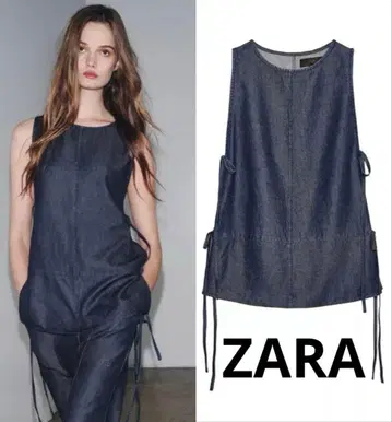 ZARA 사이드 리본 데님 슬리브리스 상의 베스트 S 셋업 가능