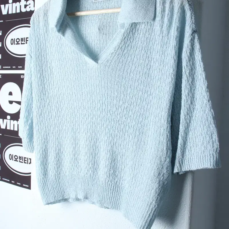 W(S-M) 미쏘 반팔 카라 티셔츠 니트 브이넥 크롭 시스루-H35272