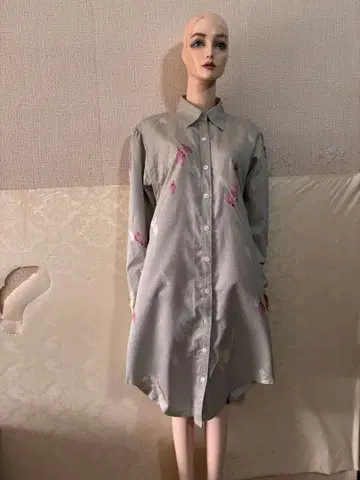 기모노 리메이크 셔츠 원피스 긴팔 꽃무늬 그레이 순수 실크 7월 하순 발송
