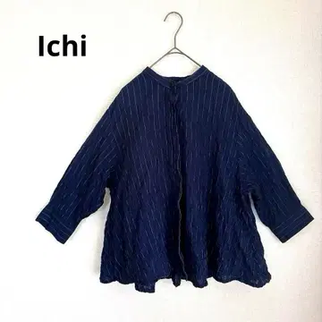 Ichi 밴드 카라 주름 가공 코튼 100% 개더 블라우스 남색