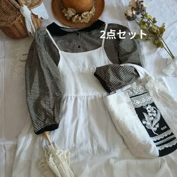 프랑스 앤티크 에이프런 원피스 & 체크 블라우스 2종 세트*린넨