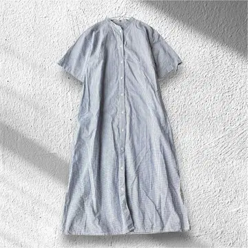 [ 무인양품 ] 셔츠 원피스 체크 무늬 면 100% 밴드 카라 반팔 S