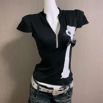 모리걸 고양이 모티브 프론트 지퍼 반팔 티셔츠 갸루