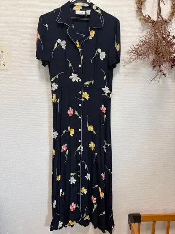 빈티지 Liz Claiborne 꽃무늬 반팔 셔츠 원피스 네이비