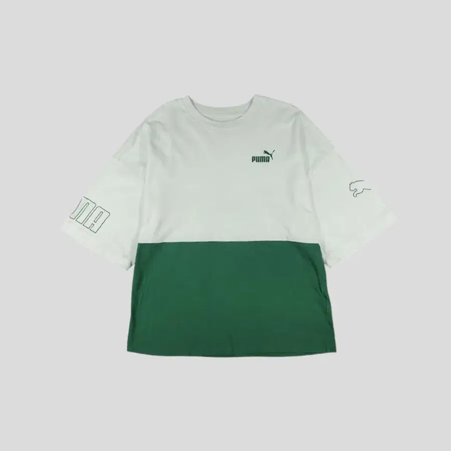 PUMA 퓨마 푸마 JP 화이트 그린 컬러블록 아웃라인 스펠아웃로고 루즈핏 세미크롭 코튼 반팔 티셔츠 WOMANS FREE