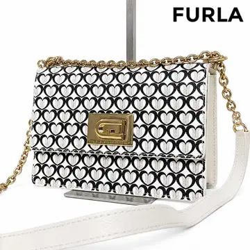 새상품급 FURLA 훌라 하트 무늬 체인 숄더백 가죽 화이트 블랙