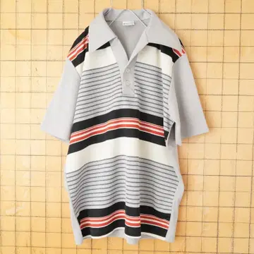 70s 80s 페어몬트 오픈 카라 올 패턴 피케 셔츠 M 그레이 ss235