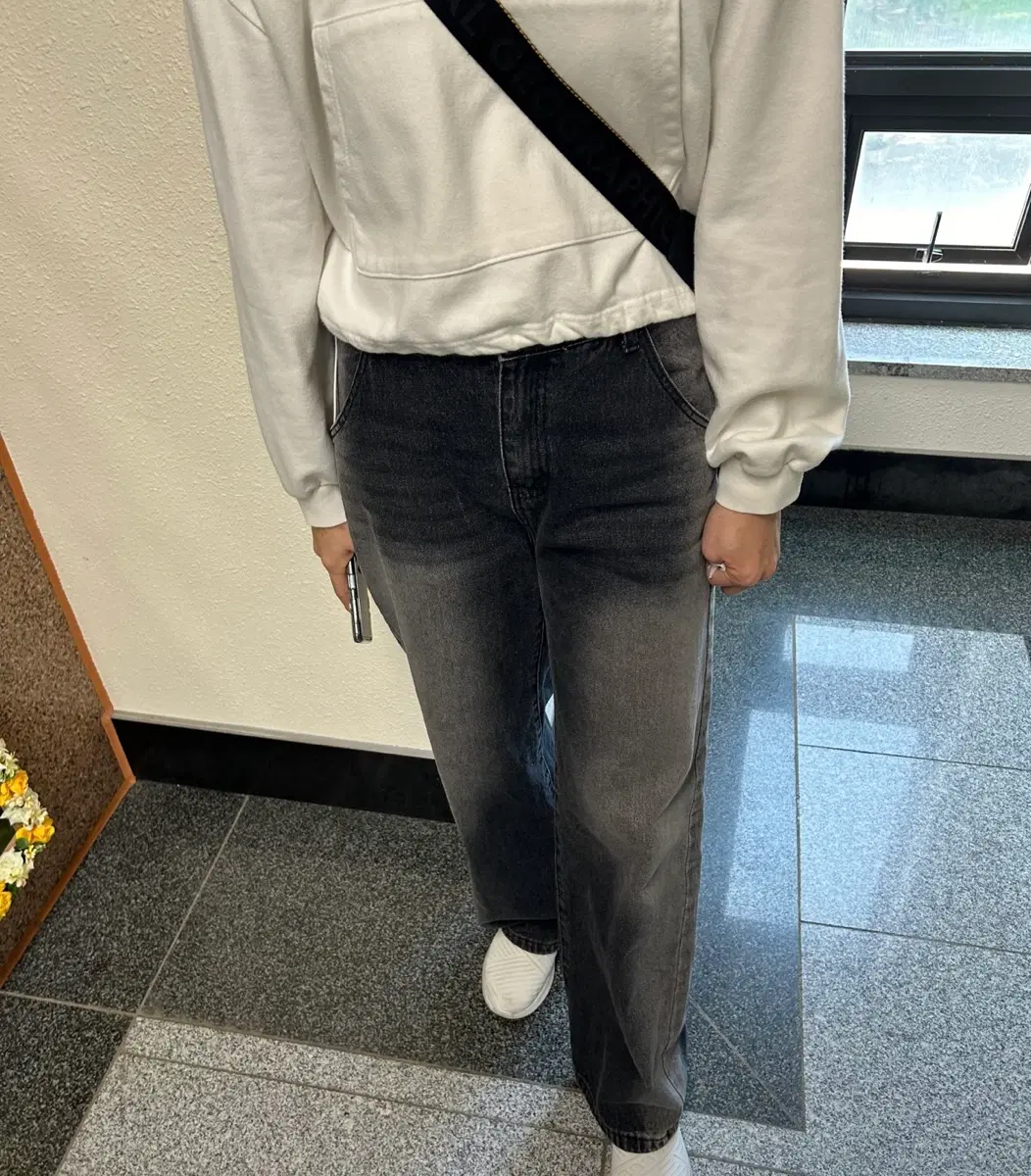 히포엔비 워싱 빈티지 데님 뒷밴딩 와이드 팬츠 흑청