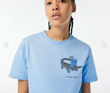 새상품급 Lacoste x Netflix 어레인지 악어 로고 T셔츠 블루