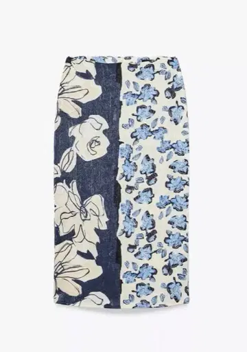ZARA 새틴지 프린트 미디 기장 스커트 블루 계열