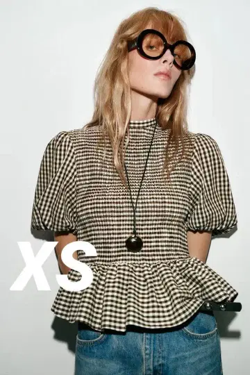 ZARA 깅엄 체크 패턴 스모킹 가공 상의 XS
