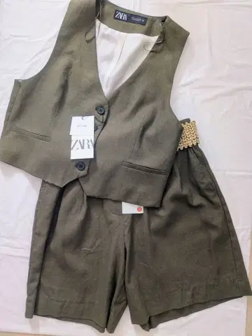 ZARA 2점 상하의 린넨 베스트 & 버뮤다 팬츠 벨트 포함 하프 팬츠 S