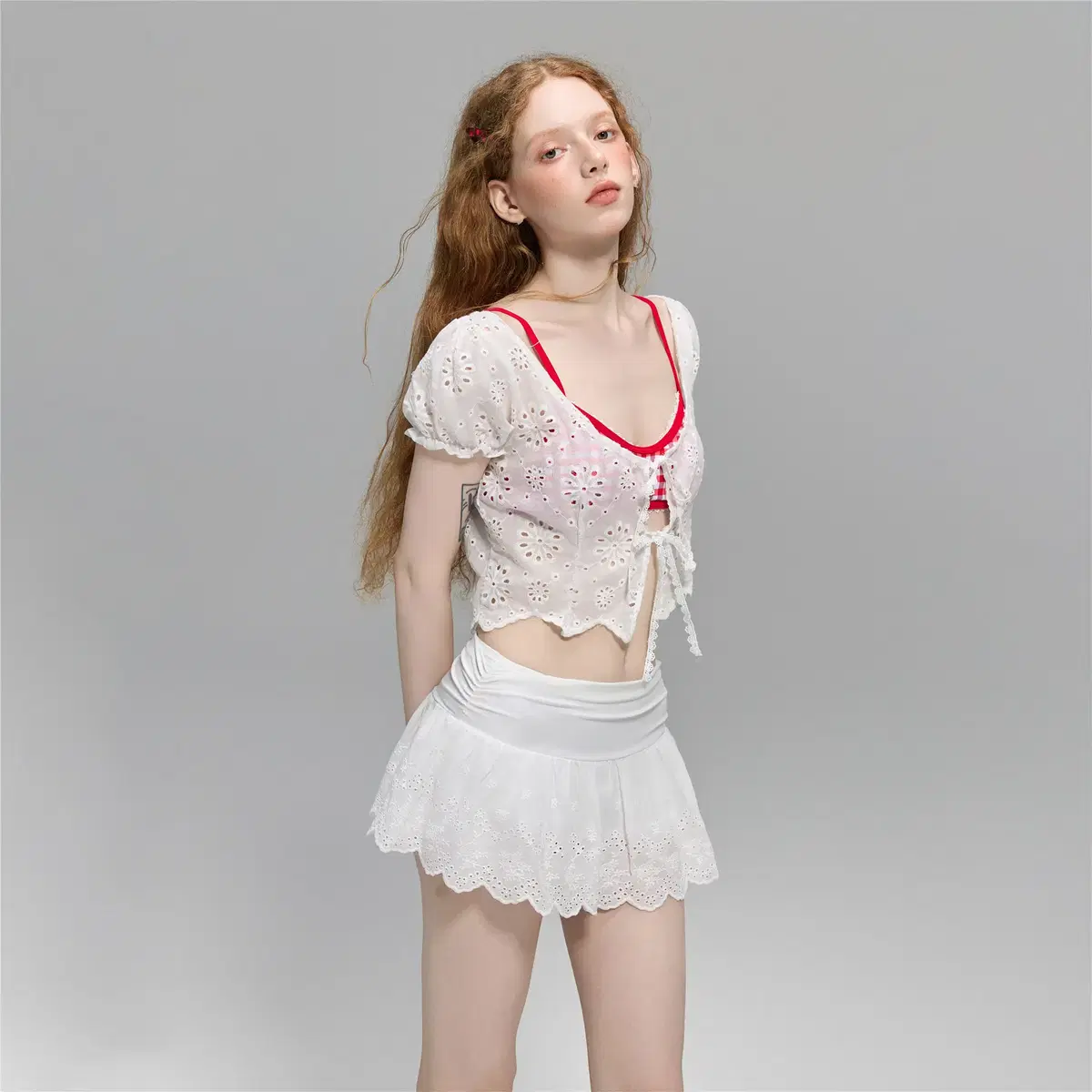MIKI SHOP 체크 브라 스커트 반팔 커버업 수영복