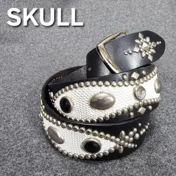 SKULL 스컬 천연 가죽 스터드 스톤 장식 벨트 남성용 3 블랙