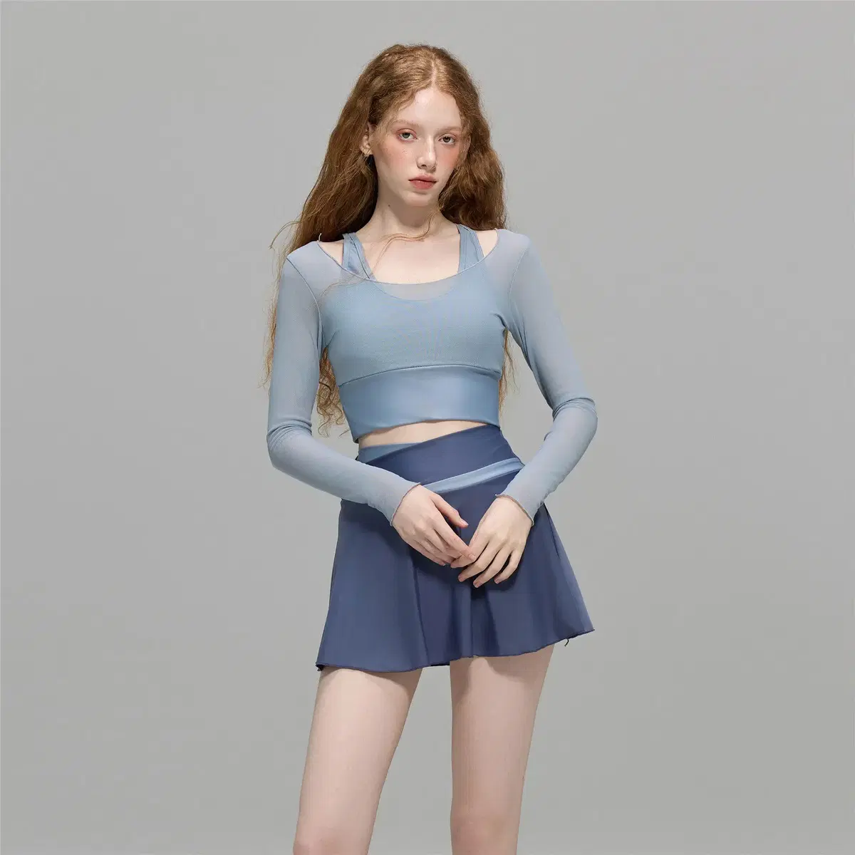 MIKI SHOP 헤이즈 블루 긴팔 커버업 스커트 스윔수트
