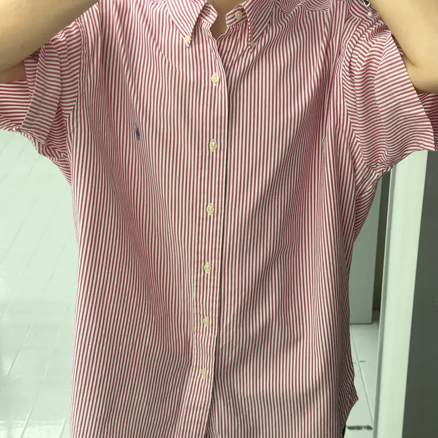 (L) 폴로 레드 스트라이프 반팔 버튼다운 셔츠