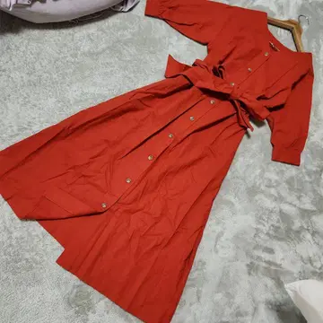 HARE 롱 셔츠 원피스 오렌지 허리 리본 린넨 혼방