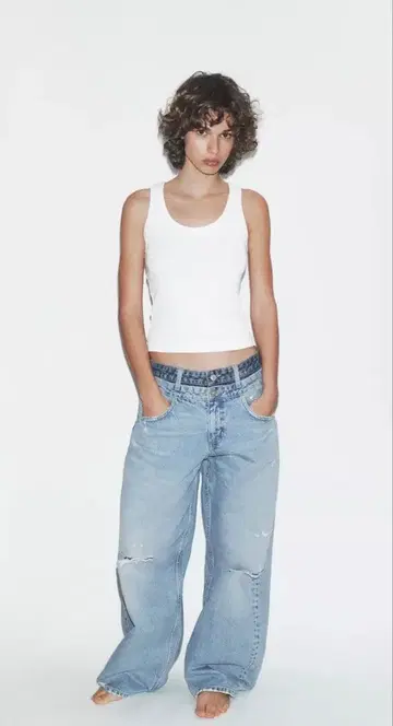 ZARA 더블 허리 미드 라이즈 스트레이트 데님 팬츠 32 하늘색