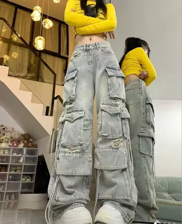데미지 루즈 와이드 카고 데님