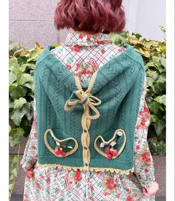 핑크하우스 딸기 모티브 가디건 그린