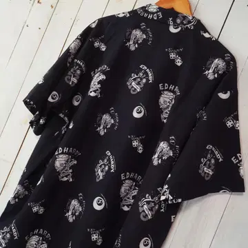 Ed Hardy 올 패턴 오버 사이즈 반팔 셔츠 오픈 카라 블랙 L