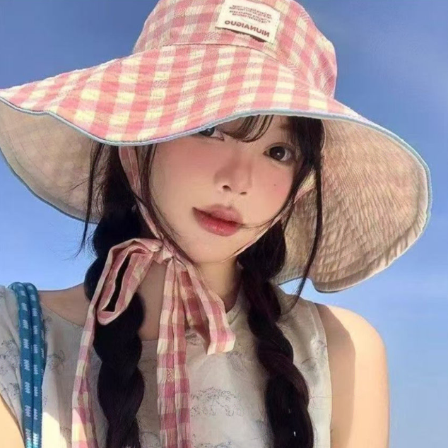 (핑크, 블랙, 레드)체크 버킷햇 벙거지 끈묶기 체크모자 비치모자 여행 버킷 모자