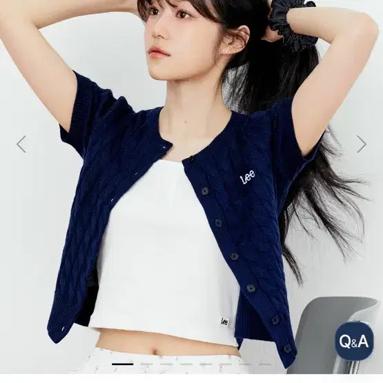 Lee 라운드넥 케이블 반팔 가디건 네이비