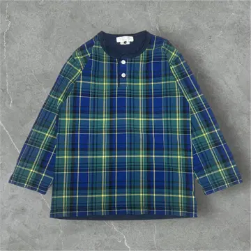 GANRYU 7부 소매 티셔츠 헨리넥 체크 무늬 M 사이즈 15SS