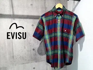 새상품급 YAMANE EVISU 갈매기 자수 체크 반팔 풀오버 셔츠
