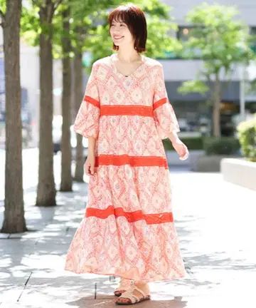 티티카카 티어드 원피스 크로셰 블록 프린트 아시안 에스닉