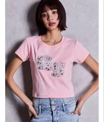 GYDA 여성용 크롭 반팔 티셔츠 핑크 큐빅
