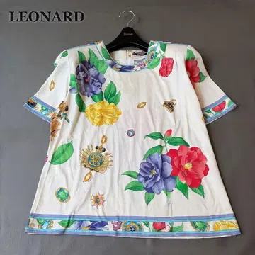 레오나르 LEONARD 꽃무늬 프린트 티셔츠 트림 반팔 일본제 L