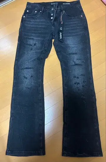 PURPLE BRAND 데님 플레어 팬츠 블랙 데미지 가공 32