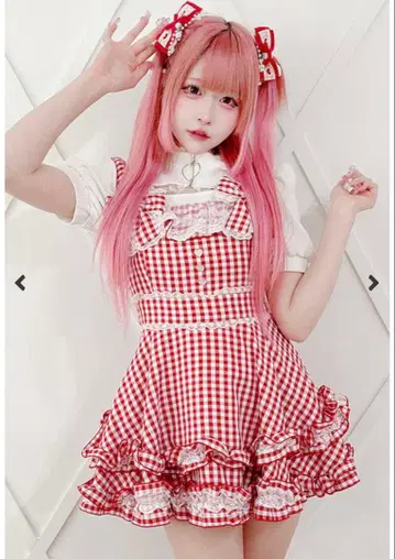MARS 프리메로 깅엄 체크 원피스 셋업 빨간색 양산형 지뢰계