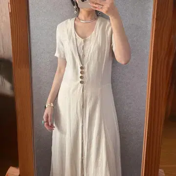 빈티지 레트로 구제 의류 린넨 블렌드 맥시 길이 원피스 아이보리 프랑스 원단