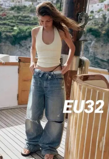ZARA TRF 접이식 허리 미드 라이즈 데님 팬츠 32