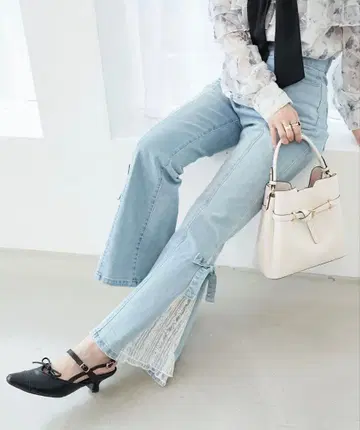 MAJESTIC LEGON 레이스 벨트 세트 밑단 리본 데님 색스 블루
