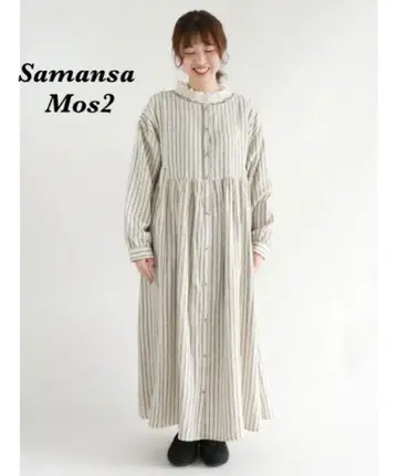 사만사 모스모스 Samansa Mos2 전후 착용 면린넨 스트라이프 원피스 화이트