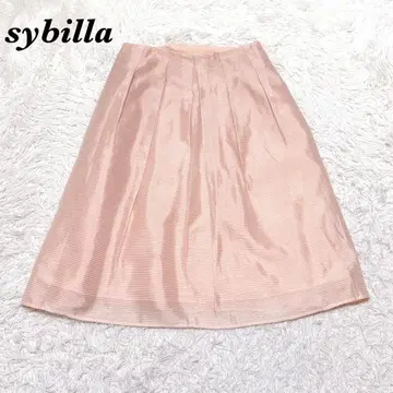 [새상품급] sybilla 종아리 기장 플리츠 스커트 L 코랄 핑크 실크 혼방