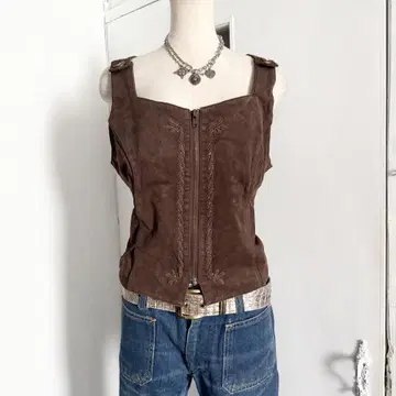 80s 90s vintage 스웨이드 천연 가죽 베스트 지퍼 자수 레이스업
