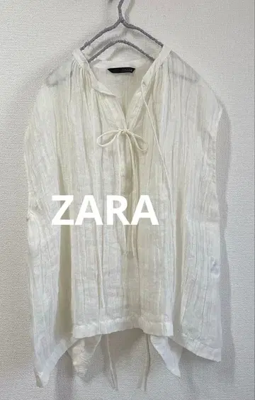 미사용 ZARA 린넨 혼방 리본 슬리브리스 루즈핏 블라우스 화이트