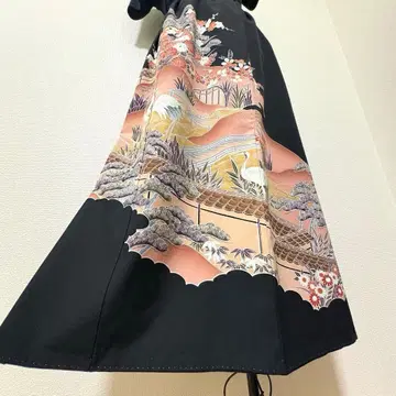 [ 1점 ] 새상품급 기모노 리메이크 롱 스커트 블랙 전통 예복 기모노 새 무늬 핑크 화학 섬유