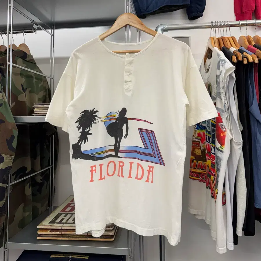 [L] 80s 빈티지 헨리넥 싱글스티치 티셔츠 made in USA