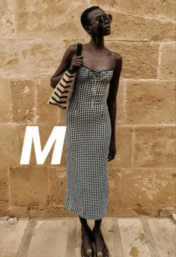 ZARA 핏 깅엄 체크 패턴 미디 원피스 M