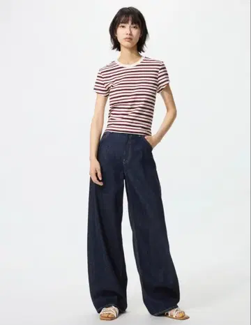 UNIQLO 유니클로 배기 배럴 레그 진/표시 사이즈 21 네이비